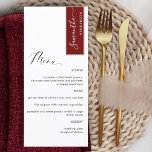 Burgundy Red Personalized with Guest Name Elegant Menükarte<br><div class="desc">Why spend in place cards and menu cards when you can have an elegant All-in-one elegant Menu personalized with each guest name! Contemporary, simple and elegant design with beautiful modern hand written calligraphy. Stripe on the top right corner in burgundy red with guest name in white. Back in same burgundy...</div>