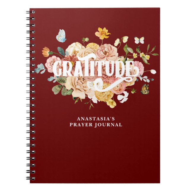 Burgundy Red Pink Floral Custom Gratitude Journal (Devant)