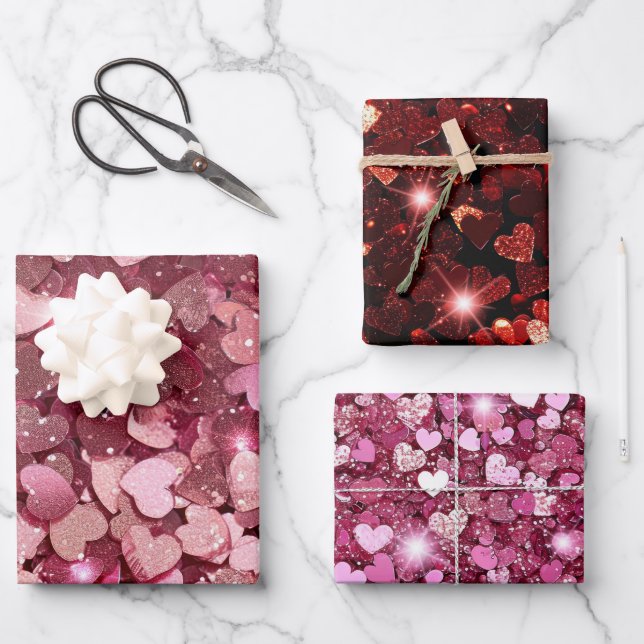 Burgundy Red Pink Glitzer Hearts Geschenkpapier Set (Vorderseite)