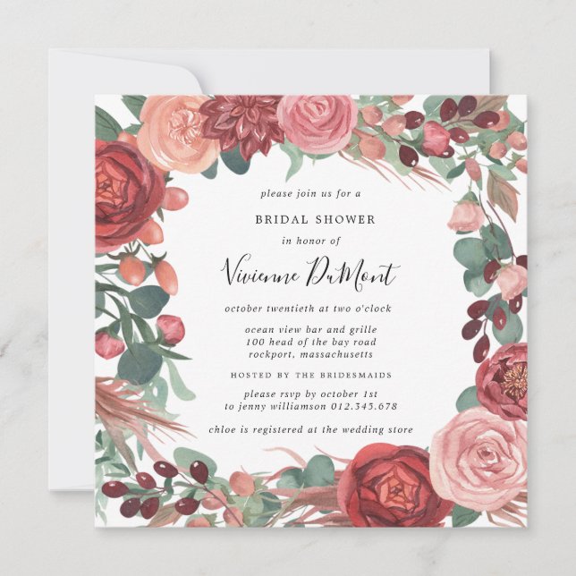 Burgundy Red Pink Peony Rose Floral Bridal Einladung (Vorderseite)