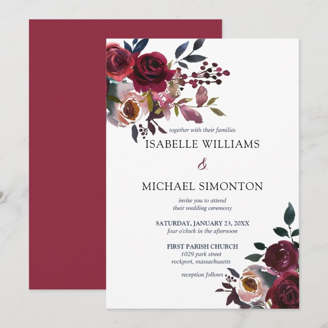 Burgundy Red Pink Rose Floral Wedding Einladung (Vorne/Hinten)