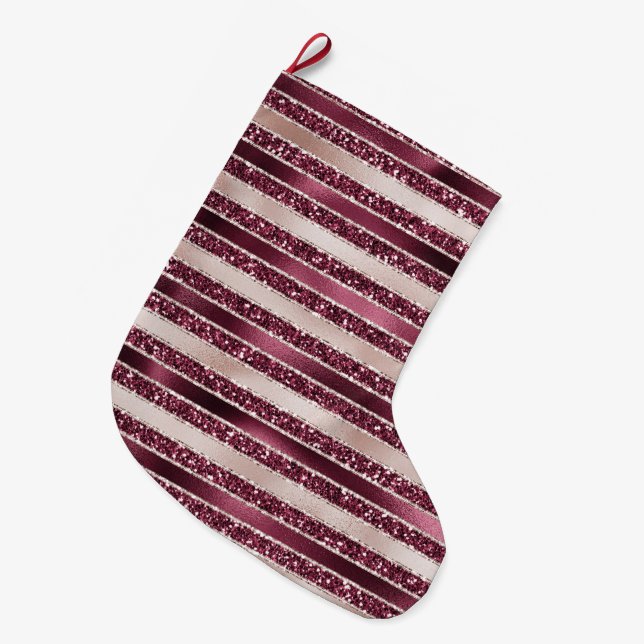 Burgundy Red Pink Rose Gold Glitter Stripes       Großer Weihnachtsstrumpf (Vorderansicht (hängend))