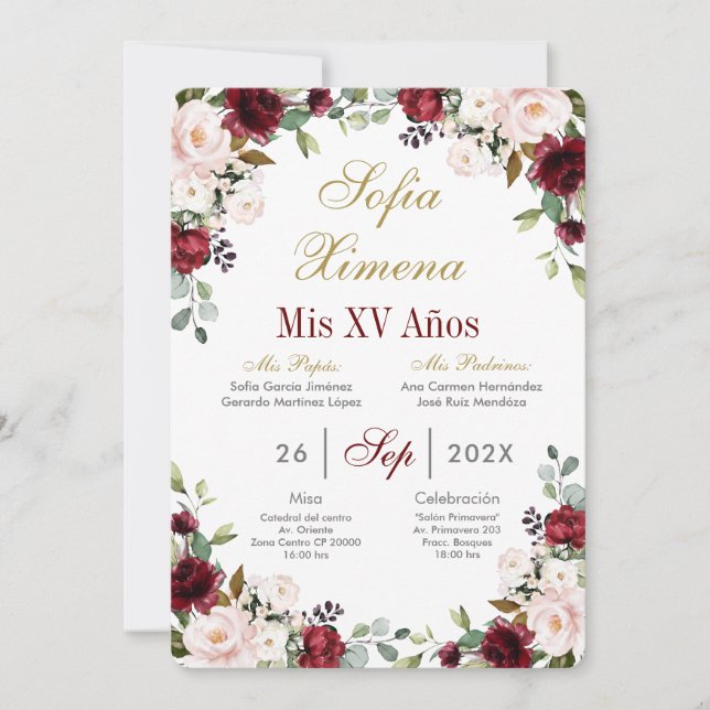 Burgundy Red Quinceanera Einladung (Vorderseite)