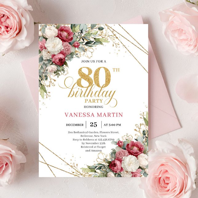 Burgundy red roses 80th birthday invite greenery einladung (Burgundy red roses 80th birthday invite with greenery

)
