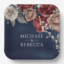 Burgundy Red Roses Floral Navy Blue Wedding