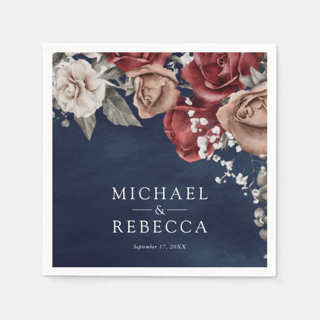 Burgundy Red Roses Floral Navy Blue Wedding Serviette (Vorderseite)