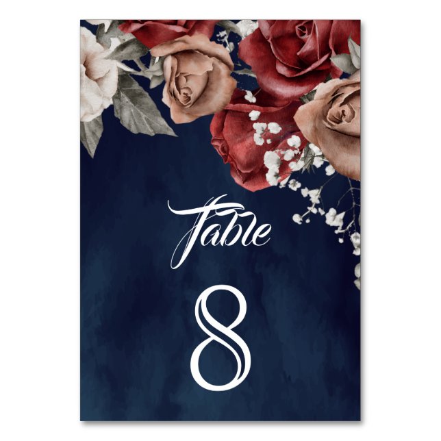 Burgundy Red Roses Floral Navy Blue Wedding Tischnummer (Vorderseite)