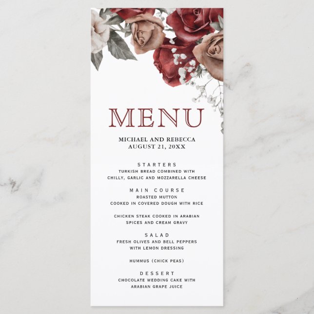 Burgundy Red Roses Floral Wedding Menükarte (Vorderseite)