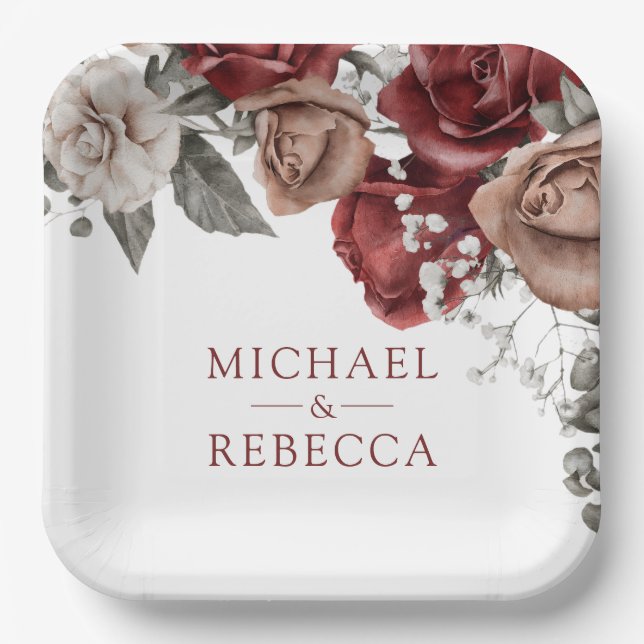 Burgundy Red Roses Floral Wedding Pappteller (Vorderseite)