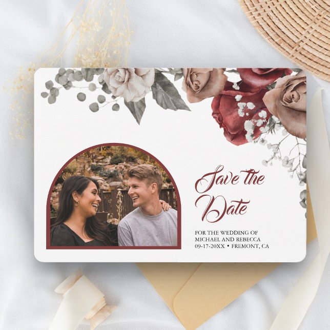 Burgundy Red Roses Floral Wedding Photo Save The Date (Von Creator hochgeladen)