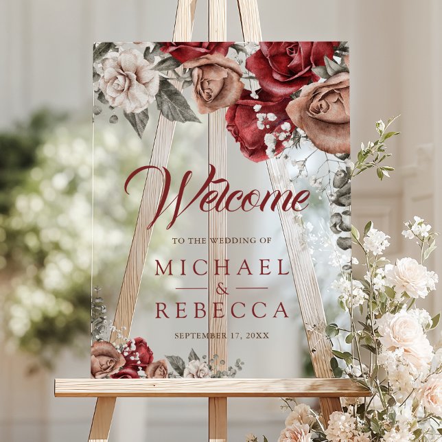 Burgundy Red Roses Floral Wedding Welcome Acrylschild (Von Creator hochgeladen)