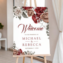 Burgundy Red Roses Floral Wedding Welcome Sign