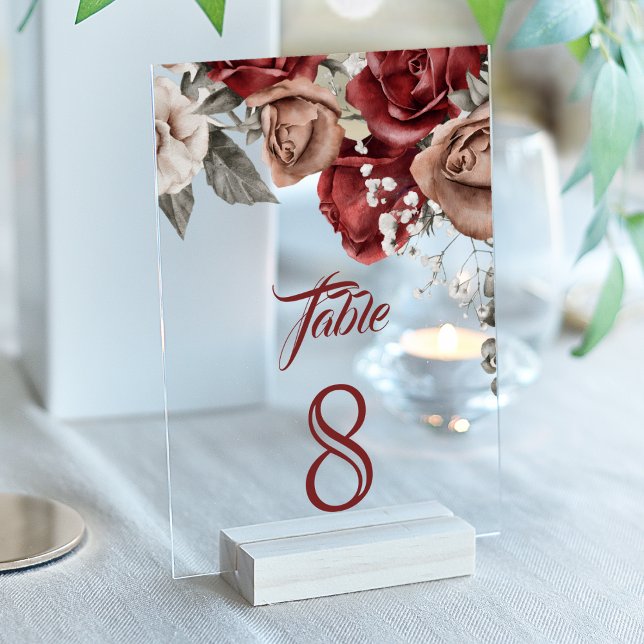 Burgundy Red Roses Wedding Acrylic Table Number Acryleinladungen (Von Creator hochgeladen)