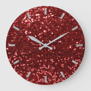 Burgundy Red Ruby Sparkly Bean Glittergray Glam Große Wanduhr