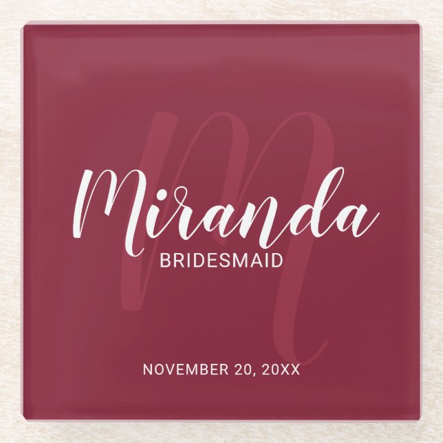 Burgundy Red Script Personalisiert Bridesmaids Glasuntersetzer (Vorderseite)