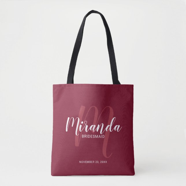 Burgundy Red Script Personalisiert Bridesmaids Tasche (Vorderseite)