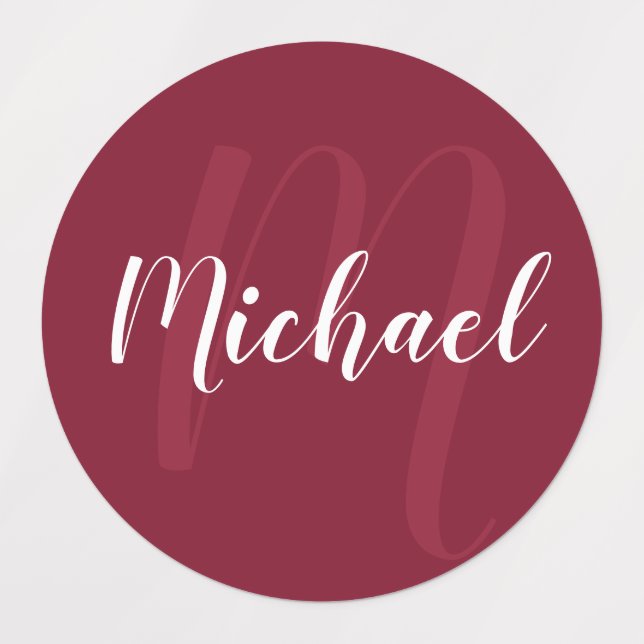 Burgundy Red Script Personalisiert Monogram und Na Etiketten (Design 1)