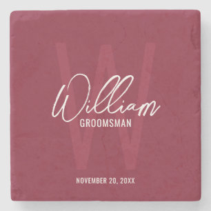 Burgundy Red Script Personalisiert Trauzeugen Name Steinuntersetzer