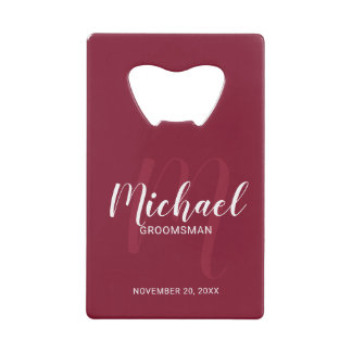 Burgundy Red Script Personalisierte Trauzeuge Geldbeutel Flaschenöffner