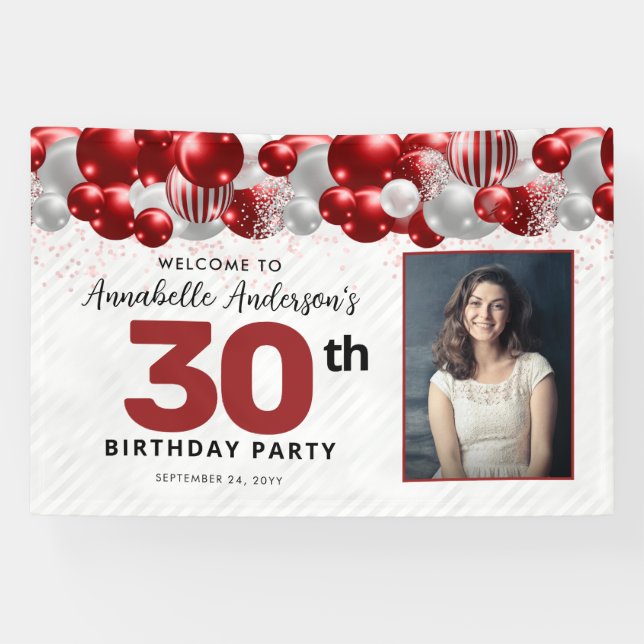 Burgundy Red Silver Balloon Glitzer Foto Willkomme Banner (Horizontal)
