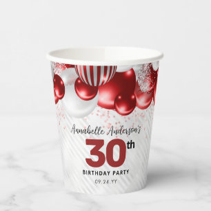 Burgundy Red Silver Balloon Glitzer Gunst Birthday Pappbecher