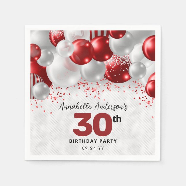 Burgundy Red Silver Balloon Glitzer Gunst Birthday Serviette (Vorderseite)