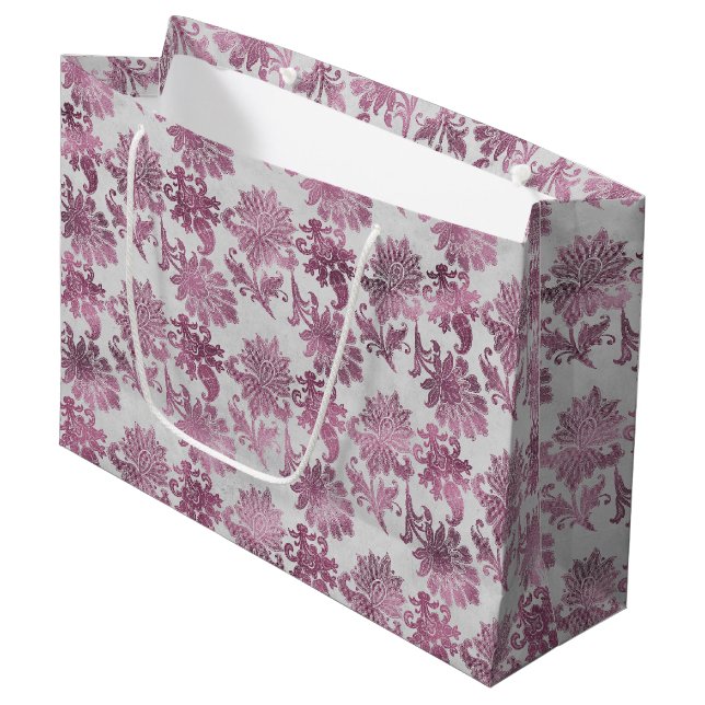 Burgundy Red Silver Floral Große Geschenktüte (Vorderseite Schrägansicht)