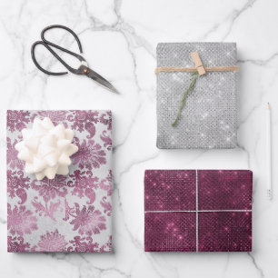 Burgundy Red Silver Floral Sparkle Brautparty Geschenkpapier Set