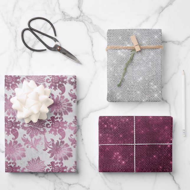 Burgundy Red Silver Floral Sparkle Brautparty Geschenkpapier Set (Vorderseite)