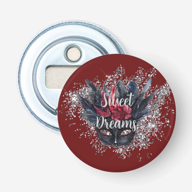 Burgundy Red Silver Glitzer Feathered Mask Flaschenöffner (Vorderseite)