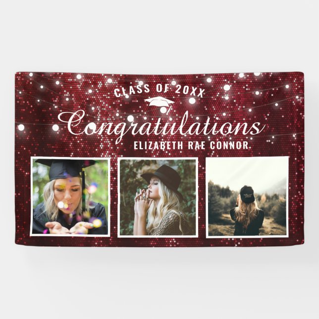 Burgundy Red Sparkle Abschluss Foto Banner (Horizontal)