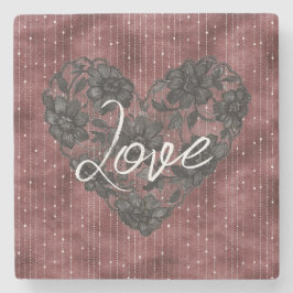 Burgundy Red Stripes Black Floral Faux Lace Heart Steinuntersetzer