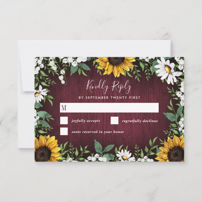 Burgundy Red Sunflower Greenerity Wreath Wedding RSVP Karte (Vorderseite)