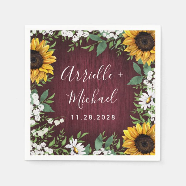 Burgundy Red Sunflower Greenerity Wreath Wedding Serviette (Vorderseite)