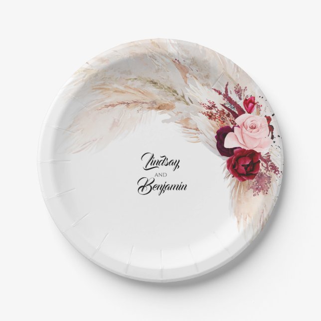 Burgundy Red Tropical Pampas Grass Wedding Pappteller (Vorderseite)