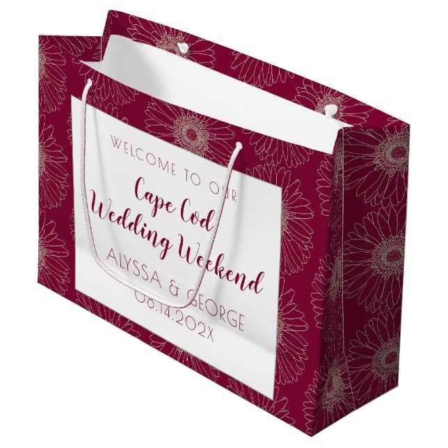 Burgundy Red Wedding Begrüßungsbeutel Große Geschenktüte (Vorderseite Schrägansicht)