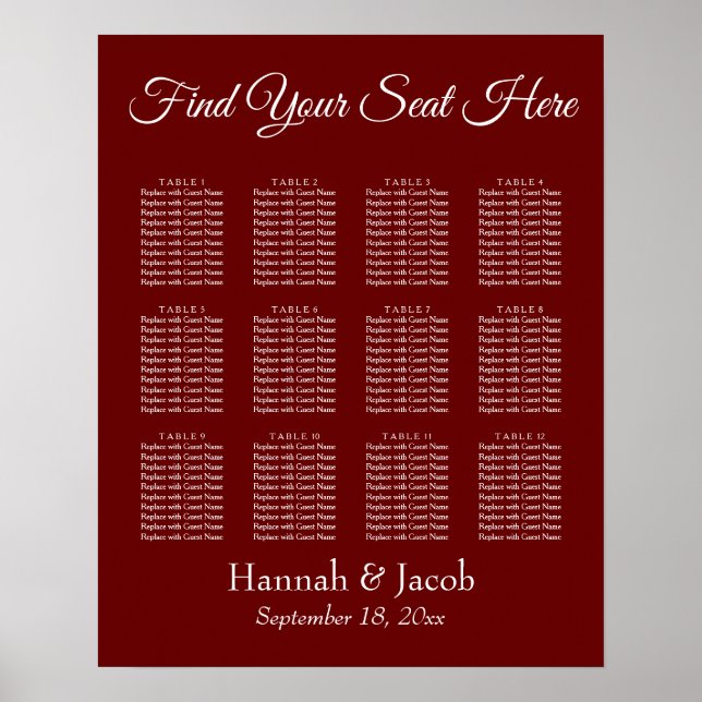Burgundy Red Wedding Reception Seating Chart Poster (Vorne)