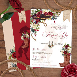 Burgundy Red Western Charro Spanish Quinceanera Einladung