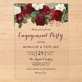 Burgundy Red White Floral Engagement Party Acryleinladungen