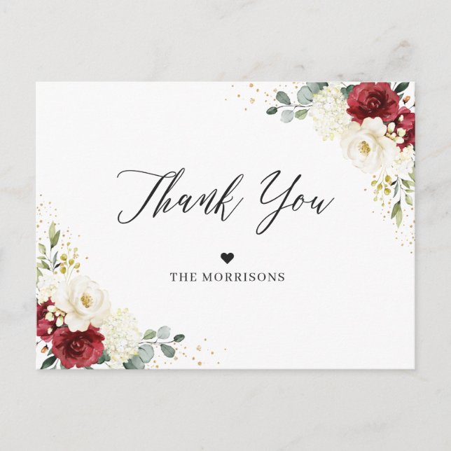 Burgundy Red White Floral Gold Confetti Vielen Dan Postkarte (Vorderseite)