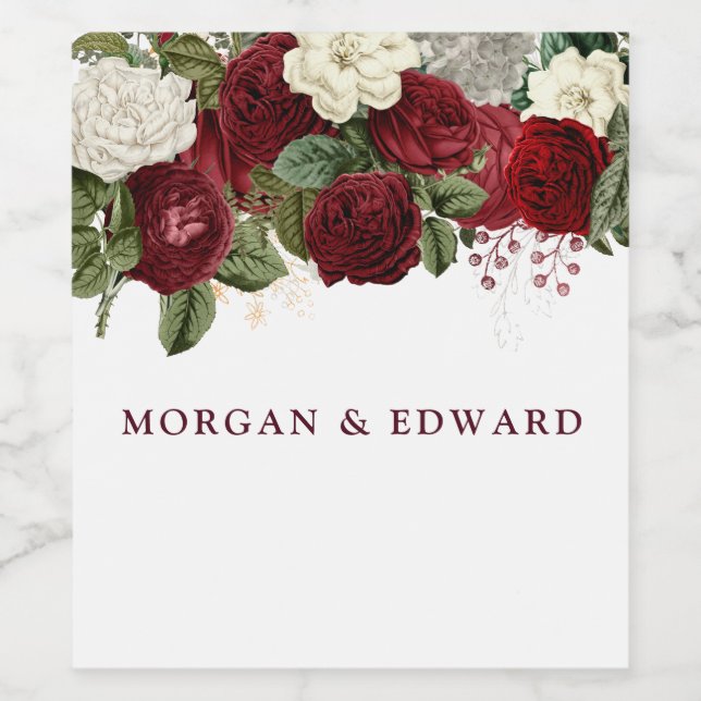Burgundy Red White Floral Wedding Verlobung Weinetikett (Einzelnes Label)