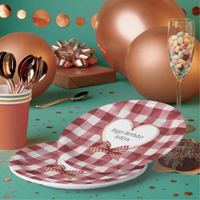 Burgundy Red White Heart Ribbon Birthday Pappteller (Multi)