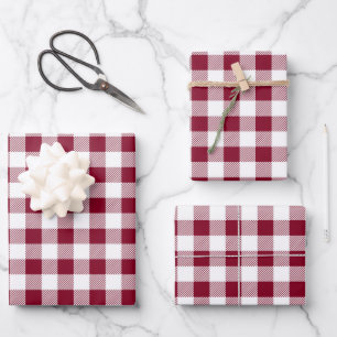 Burgundy Red White Kariert Pattern Geschenkpapier Set