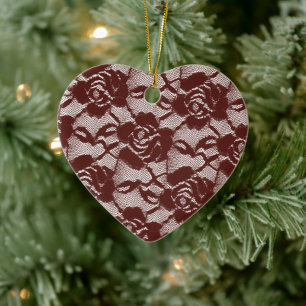 Burgundy Red White Lace Floral Keramik Ornament