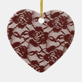 Burgundy Red White Lace Floral Keramik Ornament