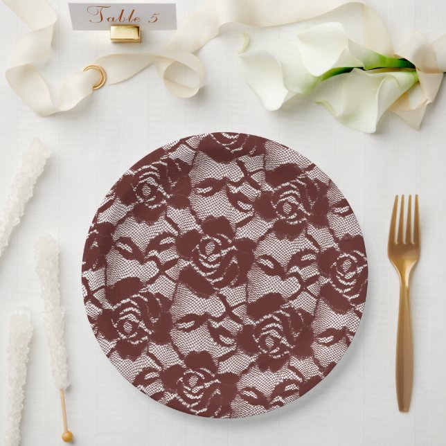 Burgundy Red White Lace Floral Pappteller (Hochzeit)