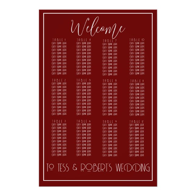 Burgundy Red White Minimalistisch Seat Chart Print Fotodruck (Vorne)