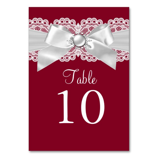 Burgundy Red White Pearl Bow Tischnummer Card (Vorderseite)