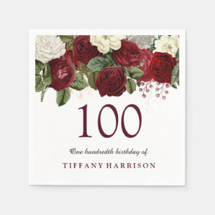 Burgundy Red White Rose 100. Geburtstagsparty Serviette