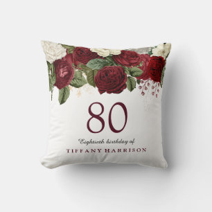 Burgundy Red White Rose 80. Geburtstagsgeschenk Kissen